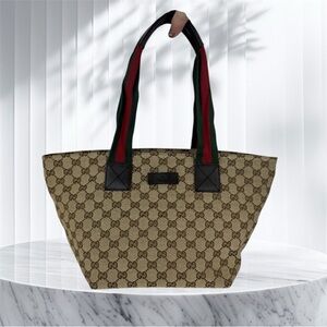 Gucci Web Zip Tote GG Beige Tote with Black and Red Accents